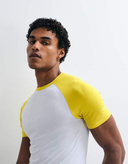 ASOS DESIGN Muskelshirt mit Raglanärmeln in Weiß und Gelb, 4 von 10