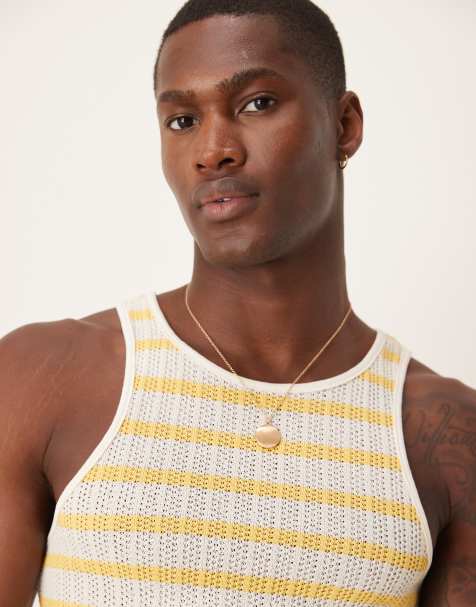 ASOS DESIGN – Muskelshirt mit U-Ausschnitt und Strukturstreifen in Weiß und Gelb - view 1