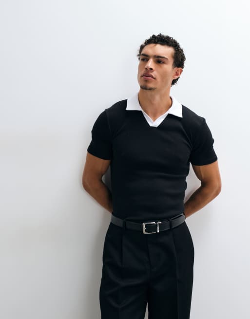 ASOS DESIGN Muskelshirt-Polo mit Kontrastkragen in schwarzem Rippstrick, 3 von 5