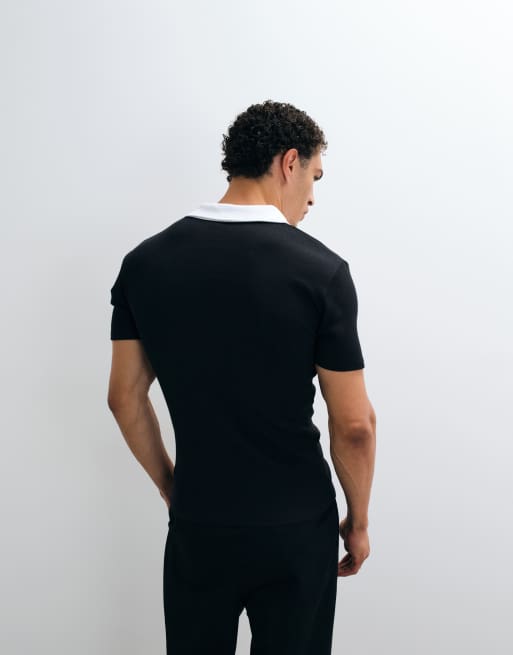 ASOS DESIGN Muskelshirt-Polo mit Kontrastkragen in schwarzem Rippstrick, 5 von 5
