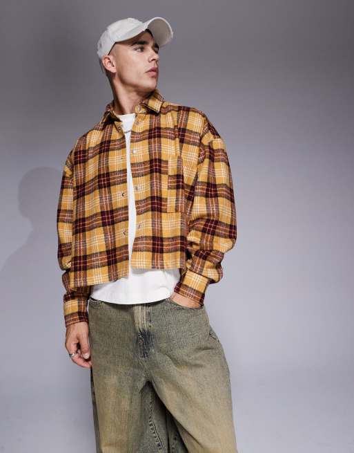 ASOS DESIGN – Musztardowa gruba kurtka koszulowa o krótkim fasonie extreme oversize ze szczotkowanego materiału w kratę