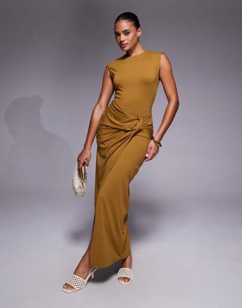 ASOS DESIGN slash neck twist front midi dress in mustard