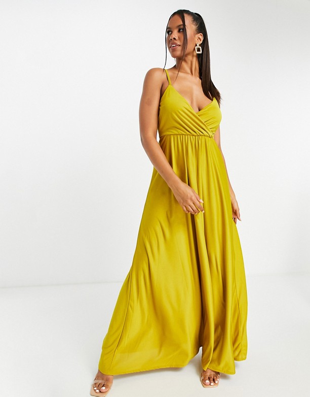 ASOS DESIGN – Musztardowa sukienka maxi na ramiączkach z głębokim dekoltem i wiązaniem na plecach Mustard 2021 Najnowszy 