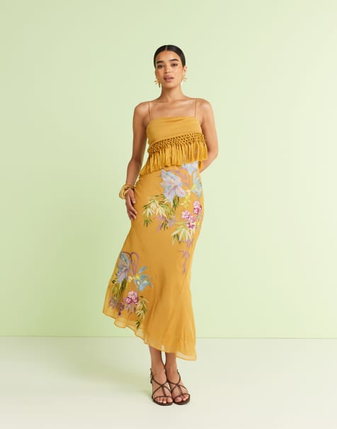 ASOS DESIGN fringe detail embroidered maxi dress in mustard