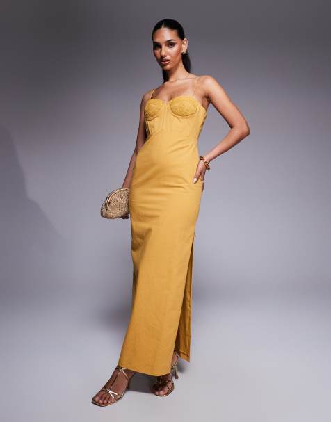 ASOS DESIGN – Musztardowa sukienka midi z bawełnianego diagonalu z gorsetem z haftem na biuście - view 1