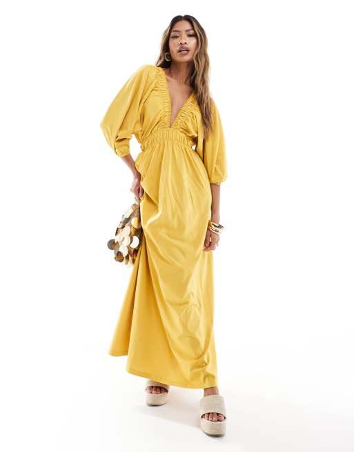 ASOS DESIGN – Musztardowa sukienka midi z głębokim dekoltem i marszczoną talią