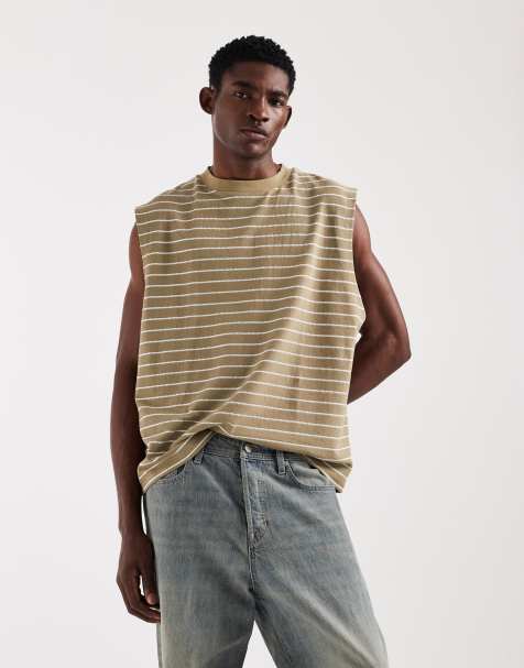 ASOS DESIGN – Musztardowo-biały fakturowany top bez rękawów oversize w paski - view 1