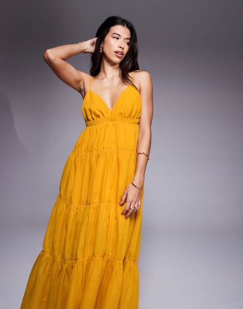 ASOS DESIGN – Musztardowożółta kaskadowa sukienka maxi na ramiączkach z marszczeniami i obszerną spódnicą - view 1