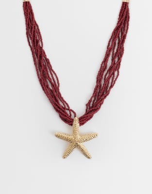 Asos Design Mutli-row Necklace With Burgundy Beads And Starfish Pendant In Brown