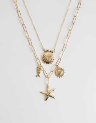 Asos Design Mutli-row Necklace With Sea Life Charms In Gold