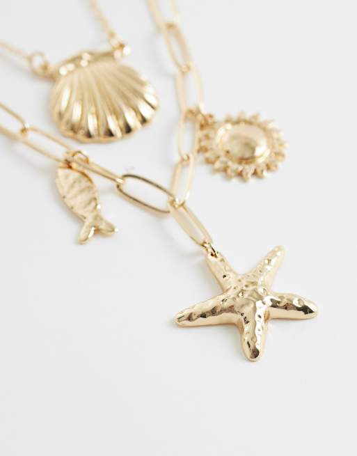 ASOS DESIGN mutli-row necklace with sea-life charms in gold tone, 4 of 4