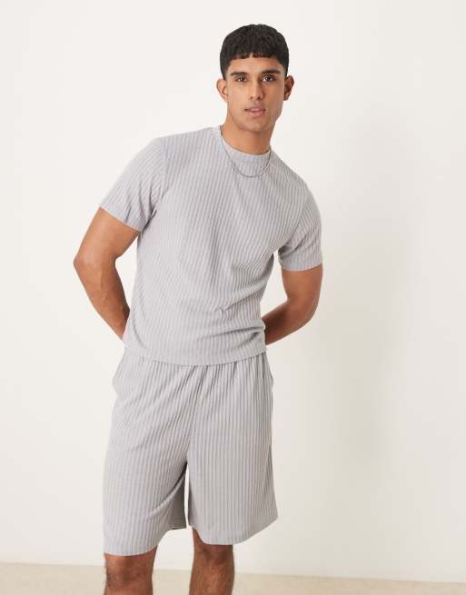 ASOS DESIGN – Myskläder – Grått, borstat och ribbat set med t-shirt och shorts i boxig passform, 3 av 4