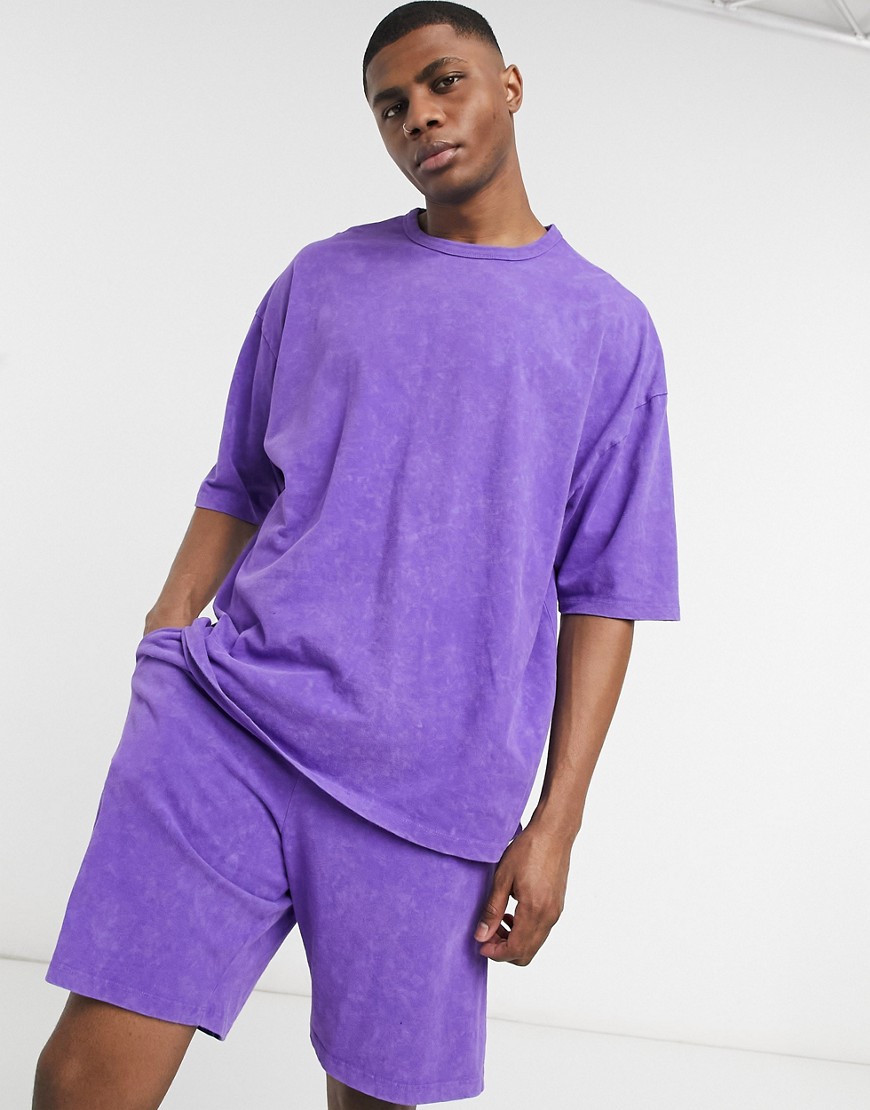 ASOS DESIGN – Myskläder – Lila pyjamasset i tvättad design med t-shirt och shorts