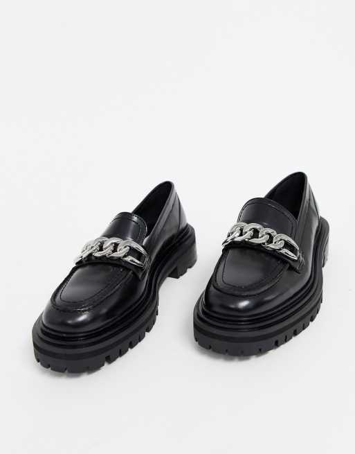 ASOS Mystery Premium Leather Chunky Flat Shoes With Chain in Black