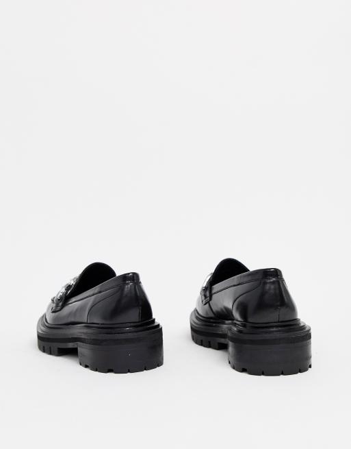 ASOS Mystery Premium Leather Chunky Flat Shoes With Chain in Black