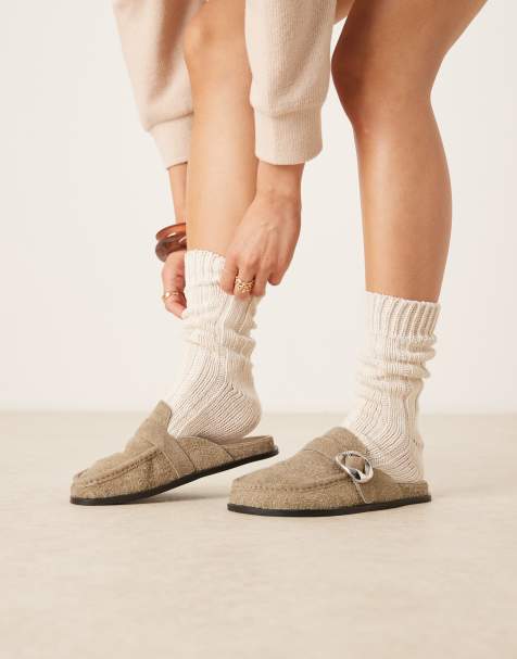 ASOS DESIGN Mystic premium flat mules in green brushed suede - view 1