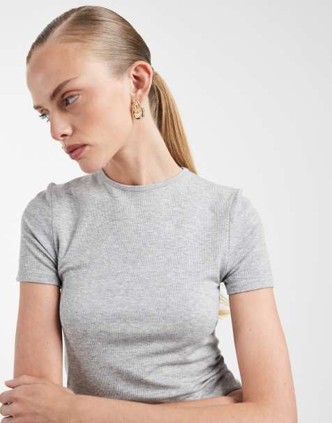 ASOS DESIGN - Naadloos geribbeld bra-free T-shirt met gekrompen design en ronde hals in gemêleerd grijs - view 1