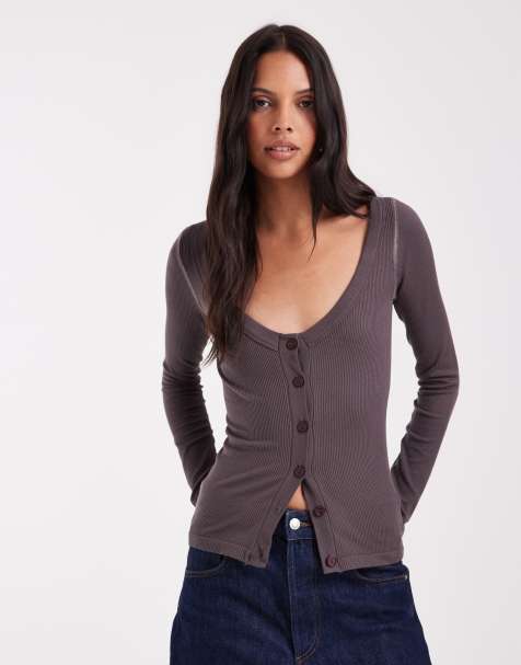 ASOS DESIGN naadloos ribvest met diepe V-hals in donkerbruin - view 1