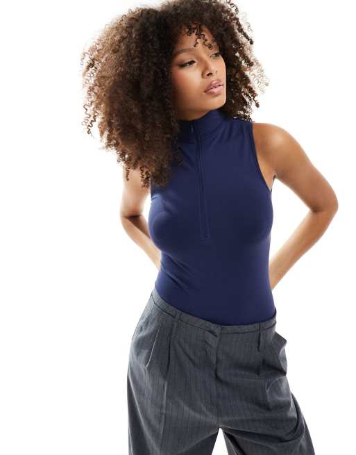 ASOS DESIGN - Naadloze, corrigerende, mouwloze body met halve rits in marineblauw
