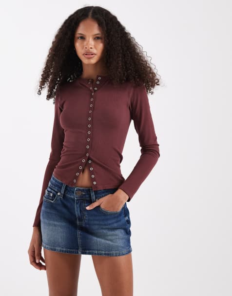 ASOS DESIGN - Naadloze geribbelde top met drukknopen en lange mouwen in chocoladebruin - view 1
