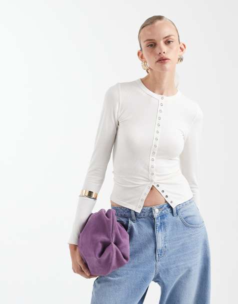 ASOS DESIGN - Naadloze geribbelde top met drukknopen en lange mouwen in crème - view 1