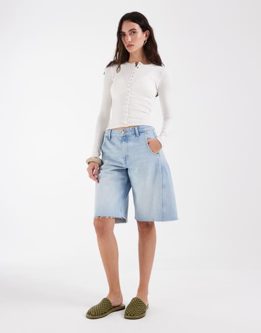 ASOS DESIGN - Naadloze geribbelde top met drukknopen en lange mouwen in crème, 2 van 4