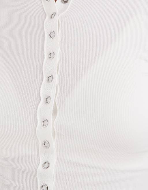 ASOS DESIGN - Naadloze geribbelde top met drukknopen en lange mouwen in crème, 3 van 4