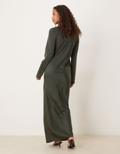 ASOS DESIGN - Naadloze maxi-slipdress van mat satijn in donkergroen, 3 van 4