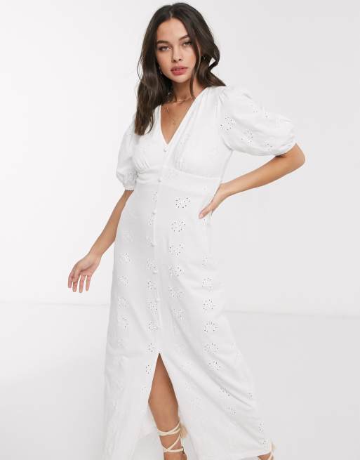 ASOS DESIGN – Nachmittags-Maxikleid in Weiß mit Puffärmeln und Lochstickerei