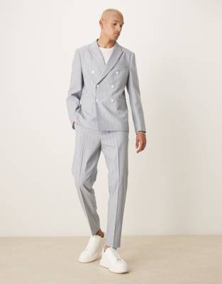 ASOS DESIGN – Nadelstreifen-Anzug in schmaler Passform in Blau mit Leinenanteil - view 1