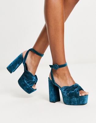 ASOS DESIGN Natia knotted platform heeled sandals in blue - ASOS Price Checker