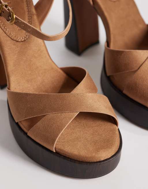 ASOS DESIGN Nadina cross strap platform high heeled sandals in taupe suedette, 2 of 4