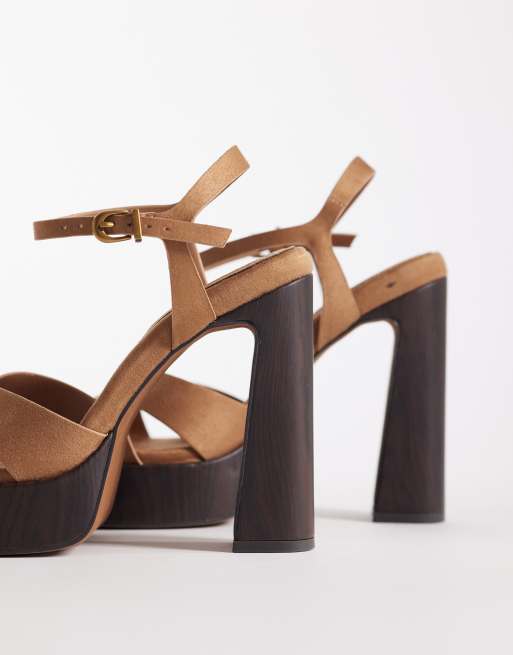 ASOS DESIGN Nadina cross strap platform high heeled sandals in taupe suedette, 3 of 4
