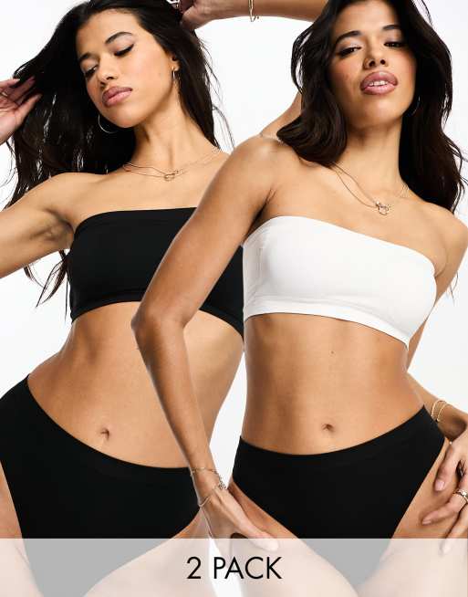 ASOS DESIGN – Nahtlose Bandeau-BHs aus Rippstoff in Schwarz und Weiß, 2er-Pack