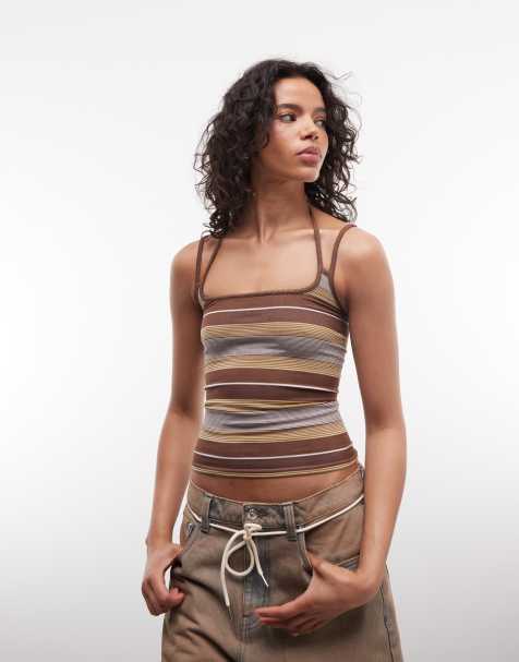 ASOS DESIGN – Nahtloses Camisole in Schokobraun gestreift mit Riemchendetail - view 1