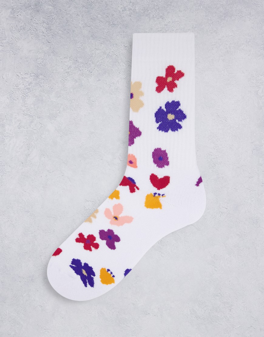 ASOS DESIGN naive floral print sports sock-White