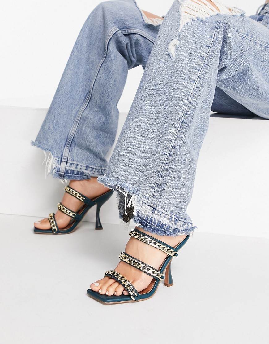 ASOS DESIGN Nally chain detail heeled mules In teal-Blues