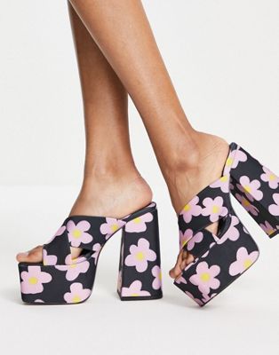 ASOS DESIGN Nana platform heeled mules in daisy print