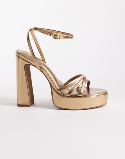 ASOS DESIGN Nancy strappy platform high heeled sandals in warm gold - view 1