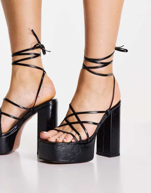 ASOS DESIGN Nanon strappy platform heeled sandals in black | ASOS