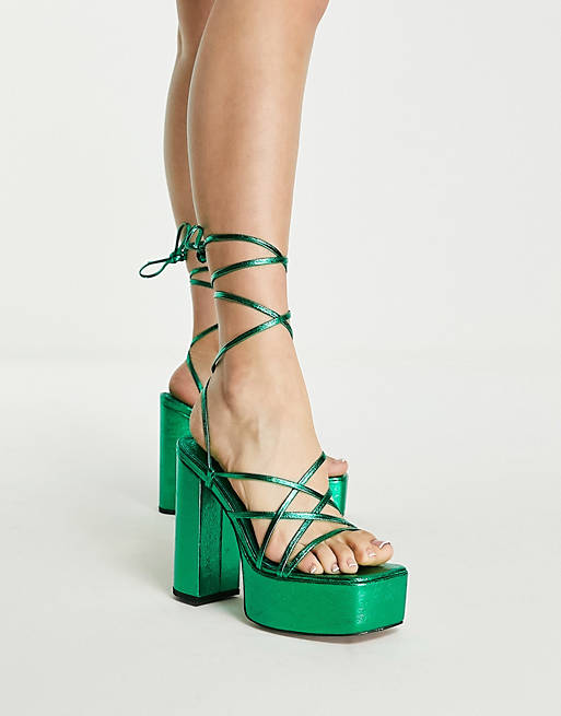 Shoes Heels/Nanon strappy platform heeled sandals in green metallic 