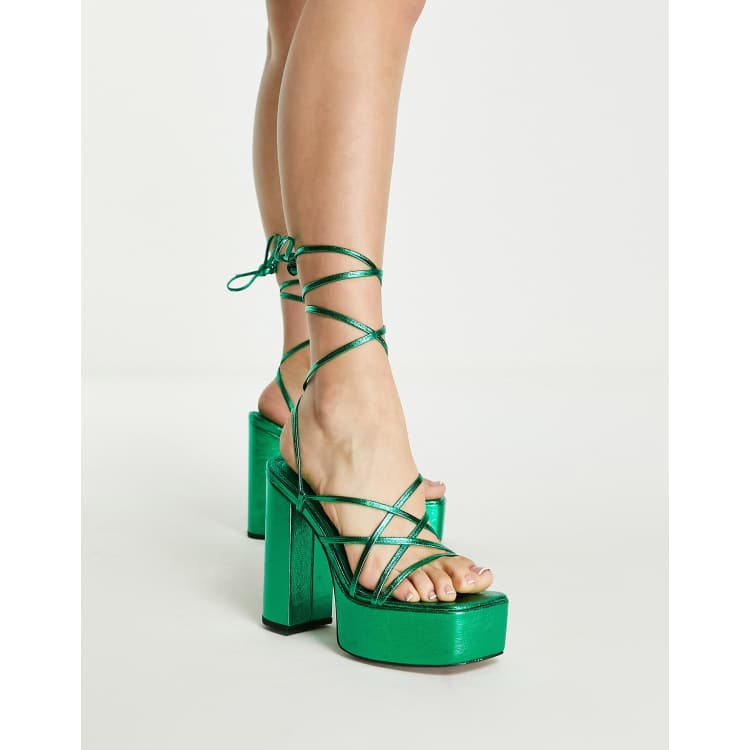 ASOS DESIGN Nanon strappy platform heeled sandals in green metallic