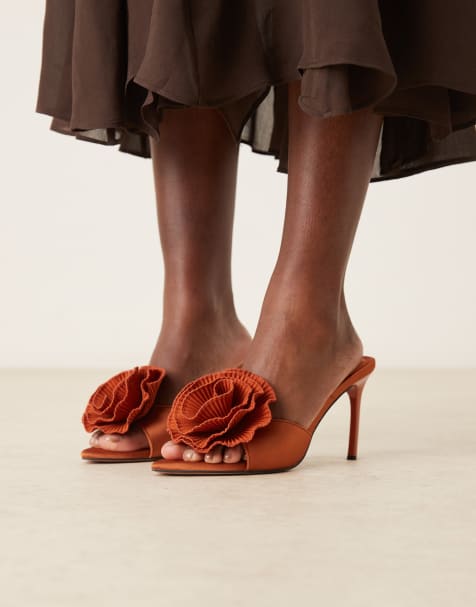 ASOS DESIGN Naomi corsage detail high heeled mules in rust - view 1