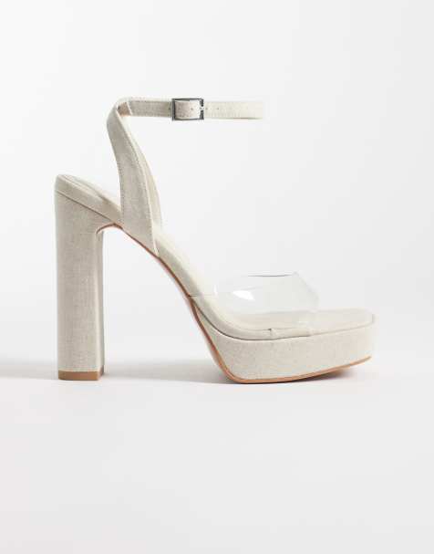 ASOS DESIGN Naples platform barely there block heeled sandals in natural linen and clear - view 1