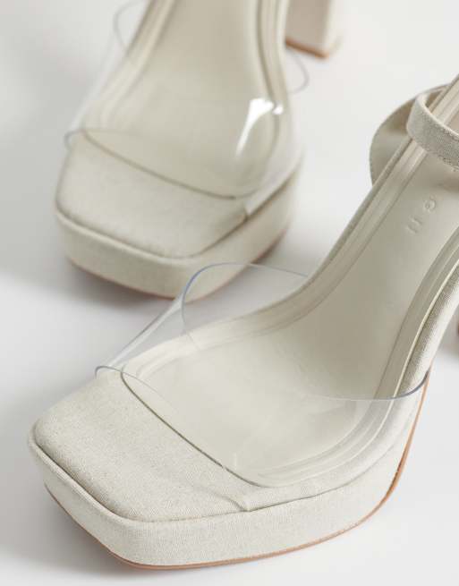 ASOS DESIGN Naples platform barely there block heeled sandals in natural linen and clear, 2 of 4