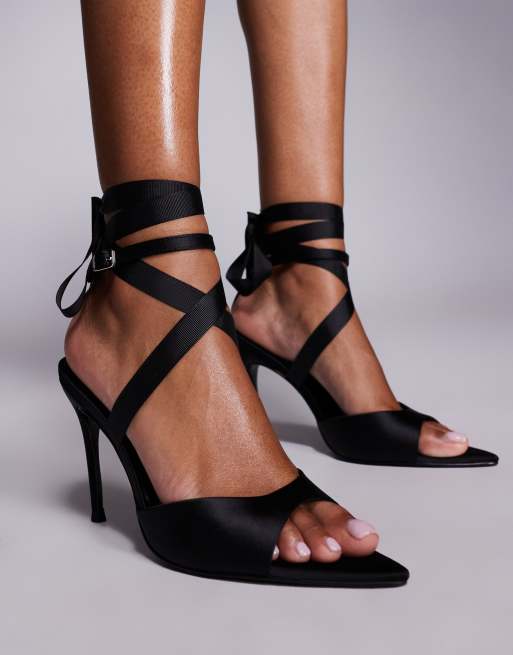 ASOS DESIGN Narnia tie leg high heel sandals in black satin ASOS
