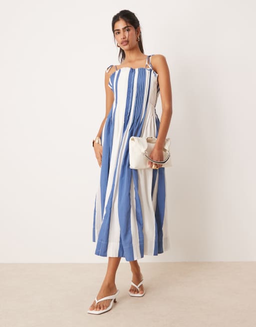 ASOS DESIGN narrow pintuck bodice dress with tie straps in blue stripe