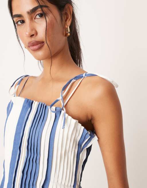 ASOS DESIGN narrow pintuck bodice dress with tie straps in blue stripe