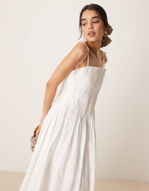 ASOS DESIGN narrow pintuck bodice dress with tie straps in white, 4 of 4