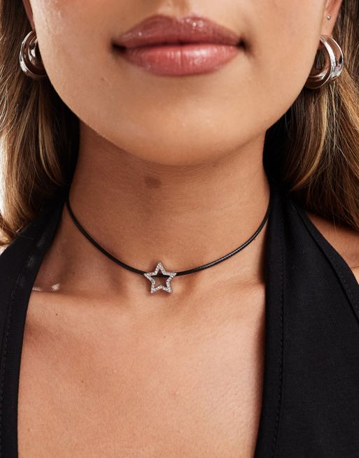 FhyzicsShops DESIGN – Naszyjnik choker ze sznurka z zawieszką w kształcie gwiazdy z kryształkami